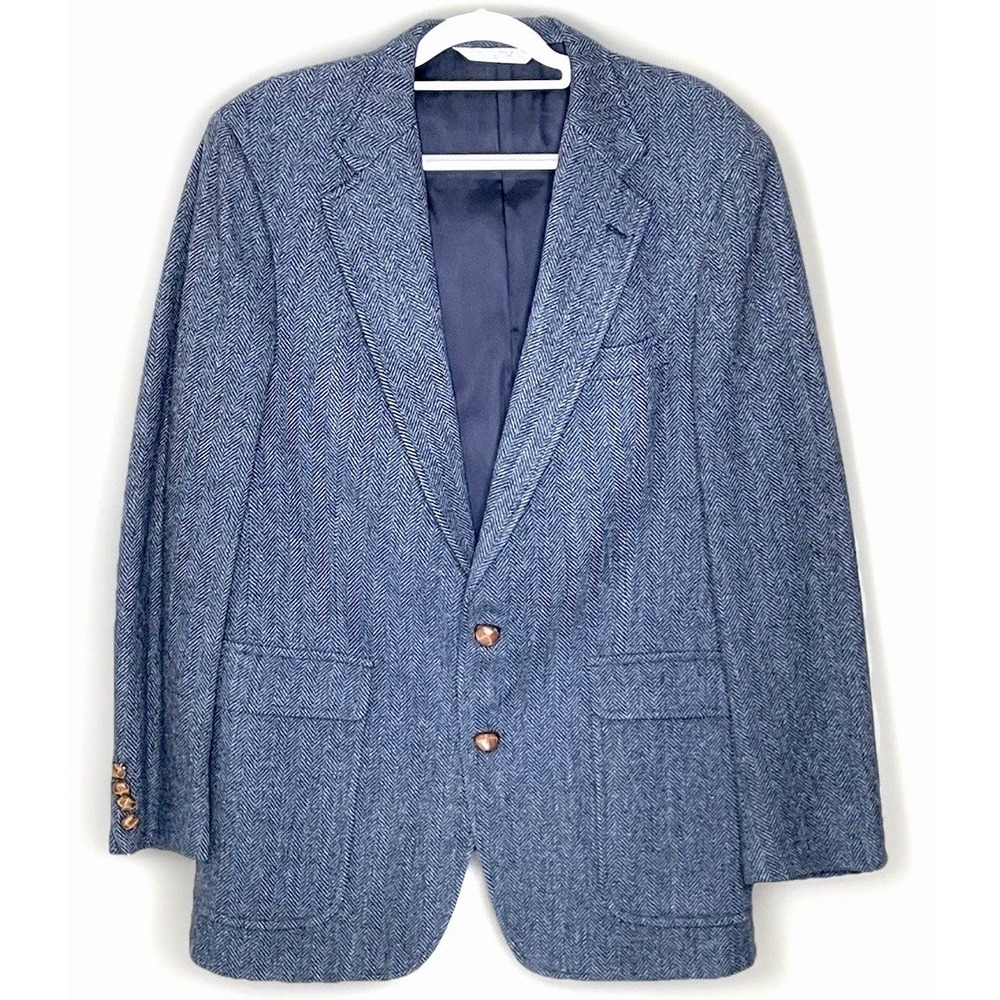 Lands End Men's Tweed Blazer 42L Blue Herringbone Scottish Vintage 90's USA Made